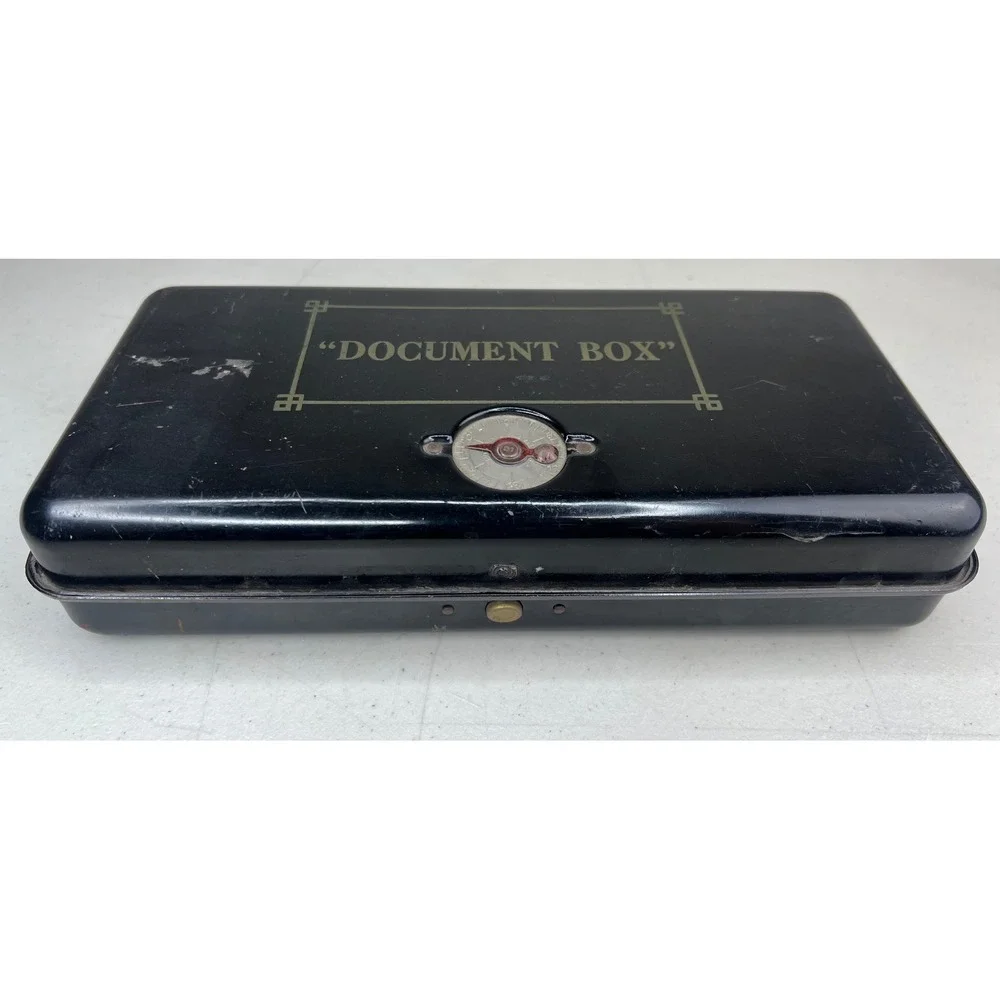 Vintage Black Tin Metal Document Box Combination Lock Money Safe Storage Chest